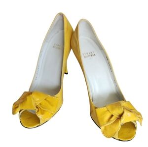 Stuart Weitzman Sz 7.5 Yellow Patent Shiny 4" High Heels Peep Toe Pumps Bow FLAW